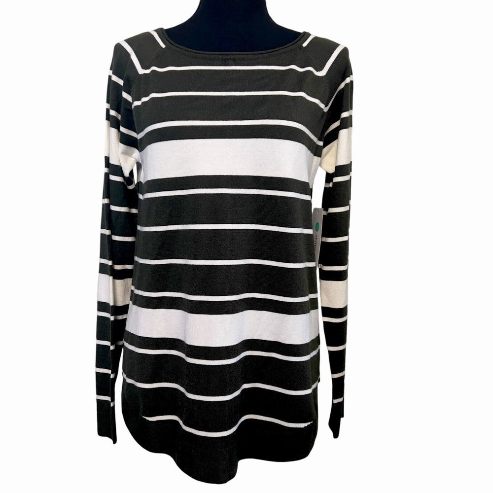 Pink Clover Stitch‎ Fix Women's Size M Curve Hem Olive & Ivory Stripped Sweater